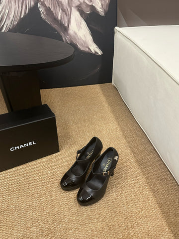 CHANEL 26S MARY JANE HEELS IN BLACK CALFSKIN CAP TOE