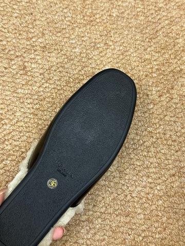 PRADA 26S SHEARLING MULE SLIPPERS IN BLACK CALFSKIN