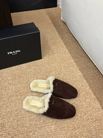 PRADA 26S SHEARLING MULE SLIPPERS IN CHOCOLATE BROWN SUEDE