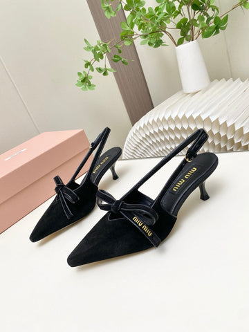 MIUMIU 26S SLINGBACK PUMPS 55MM IN BLACK SUEDE WITH BOW