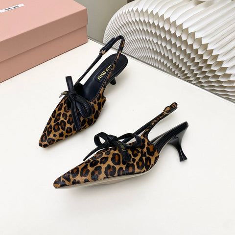 MIUMIU 26S SLINGBACK PUMPS 55MM IN LEOPARD PRINT CALF HAIR WITH BOW