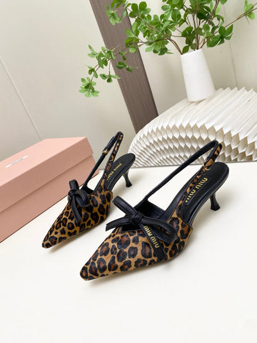 MIUMIU 26S SLINGBACK PUMPS 55MM IN LEOPARD PRINT CALF HAIR WITH BOW
