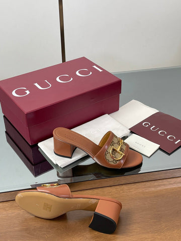 HIGH HEEL MULE 5.5 CM IN BROWN CALFSKIN MIX FABRIC AND GOLD HARDWARE