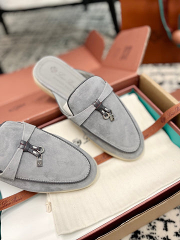 Loro Piana Grey Black Suede Charms Walk Flat Mules