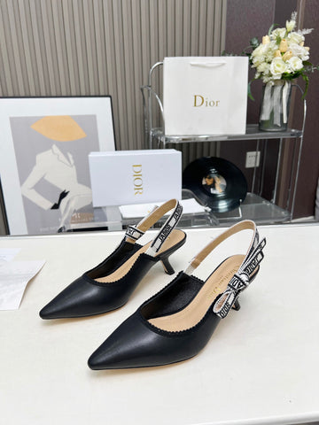 J'ADIOR SLINGBACK PUMP BLACK CALFSKIN AND EMBROIDERED FABRIC 65 MM