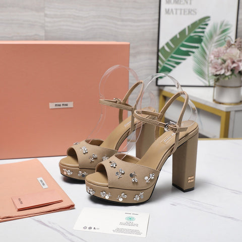 MIUMIU 26S PLATFORM ANKLE STRAP SANDALS 120MM IN BROWN CANVAS CRYSTAL-EMBELLISHED