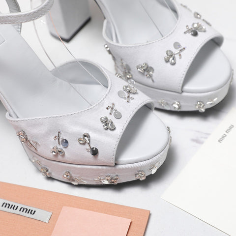 MIUMIU 26S PLATFORM ANKLE STRAP SANDALS 120MM IN LIGHT GREY CANVAS CRYSTAL-EMBELLISHED