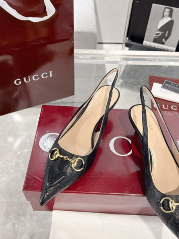 GG MID-HIGH SLINGBACK 4.5 CM IN BLACK GLOSSY EMBOSSED SUEDE AND SHEEPSKIN LINING