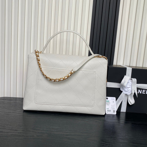 CHANEL 25S TOP HANDLE SHOULDER BAG 37 IN CREAM WHITE CALFSKIN WITH GOLD HARDWARE