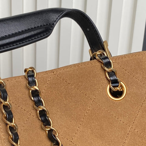 CHANEL 25S HOBO BAG 36 IN BROWN SUEDE AND BLACK CALFSKIN WITH GOLD HARDWARE