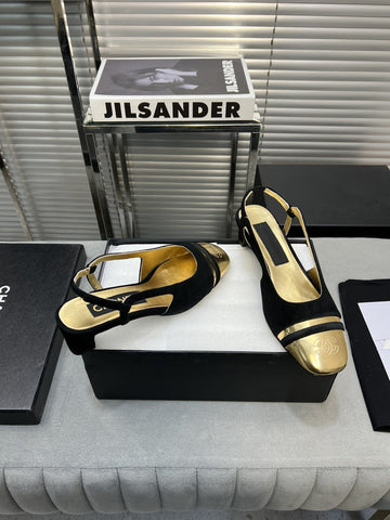 slingback black suede gold metalic lambskin square toe 5.0
