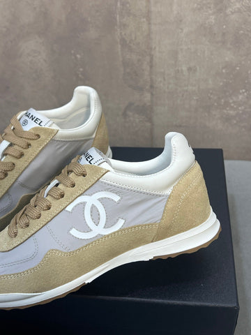 CHANEL 26S RUNNING SNEAKERS IN BEIGE AND GREY MATERIAL CC LOGO
