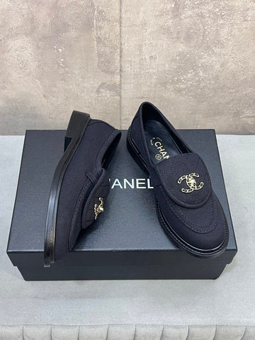CHANEL 26S LOAFERS IN BLACK CANVAS WITH QUILTED FLAP & CHAIN CC LOGO