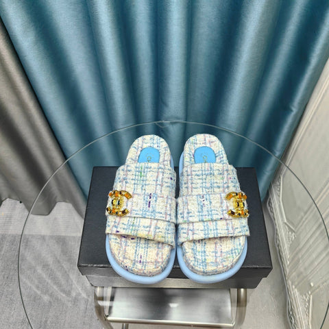PLATFORM HEELS SANDALS IN LIGHT BLUE TWEED