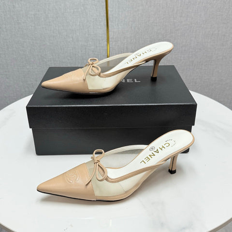 CC HEEL MULES 25S IN BEIGE MESH FABRIC AND LAMBSKIN WITH BOW