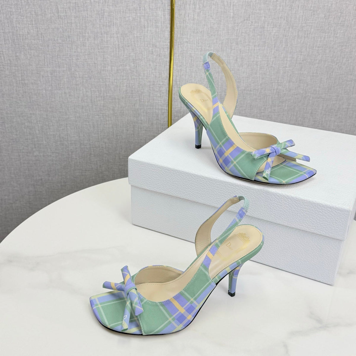 DIOR 26S HIGH-HEEL BACK-STRAP SHOES IN LIGHT LAVENDER AND SAGE GREEN FABRIC
