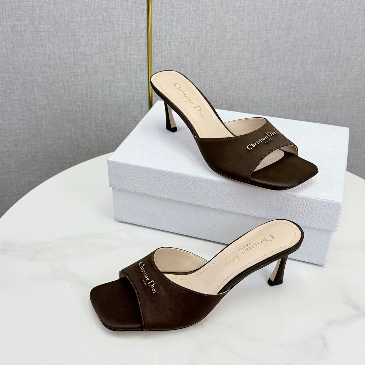 DIOR 26S HIGH-HEELED MULES IN DARK BROWN SATIN GOLD HARDWARE