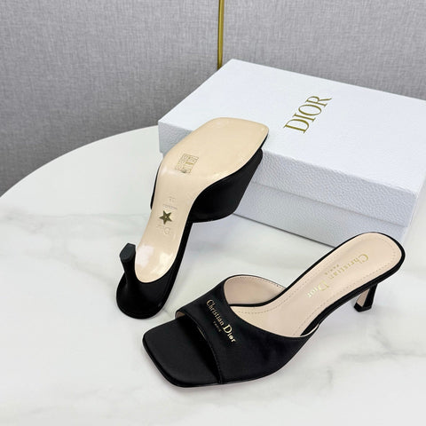 DIOR 26S HIGH-HEELED MULES IN BLACK SATIN GOLD HARDWARE