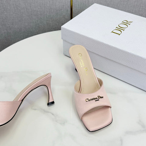 DIOR 26S HIGH-HEELED MULES IN LIGHT PINK SATIN GOLD HARDWARE
