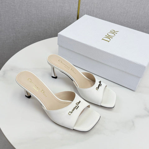 DIOR 26S HIGH-HEELED MULES IN WHITE SATIN GOLD HARDWARE