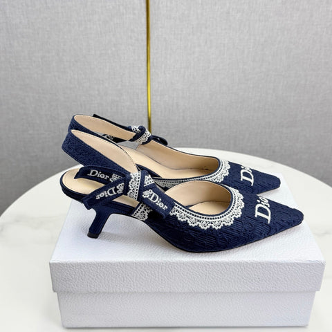 DIOR 26S SLINGBACK PUMPS IN NAVY BLUE FABRIC EMBOSSED LOGO