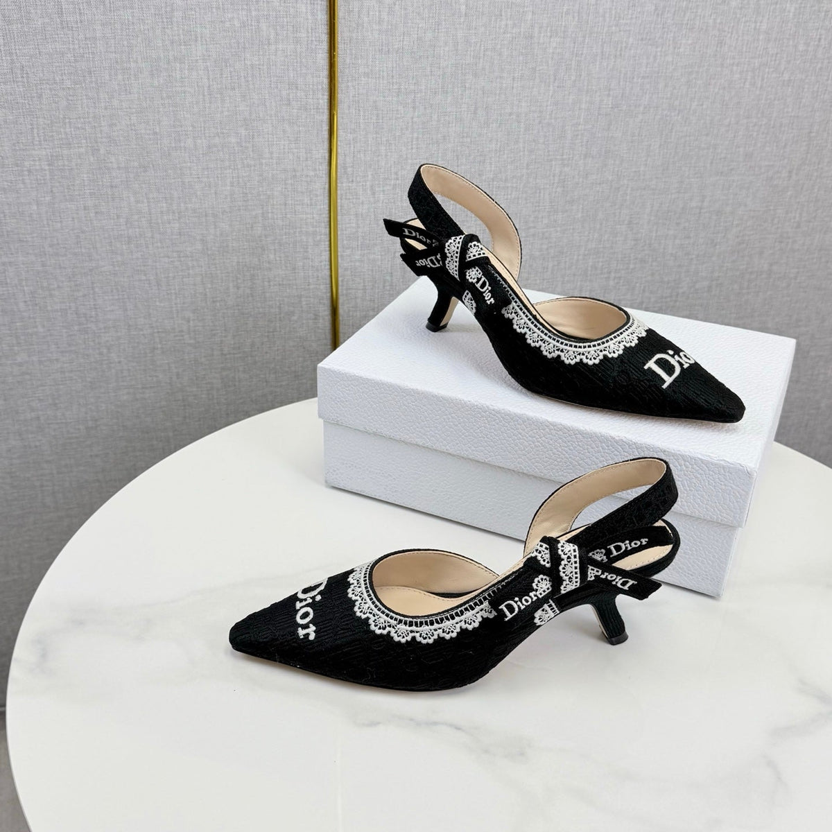 DIOR 26S SLINGBACK PUMPS IN BLACK FABRIC EMBOSSED LOGO