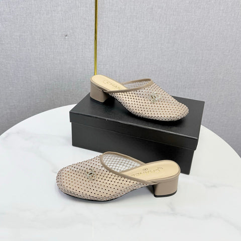 CHANEL 26S MESH HIGH HEEL MULES IN BEIGE LAMBSKIN