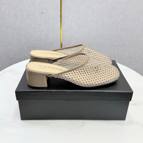 CHANEL 26S MESH HIGH HEEL MULES IN BEIGE LAMBSKIN