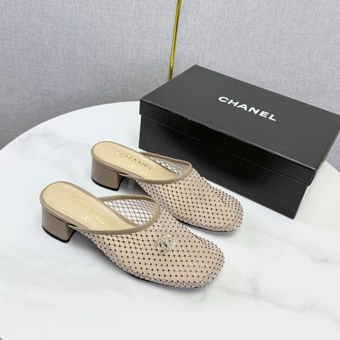 CHANEL 26S MESH HIGH HEEL MULES IN BEIGE LAMBSKIN