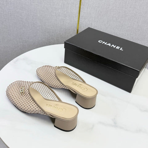 CHANEL 26S MESH HIGH HEEL MULES IN BEIGE LAMBSKIN