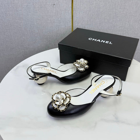 CHANEL 26S CAMELLIA PEARL SLINGBACKS IN BLACK CALFSKIN