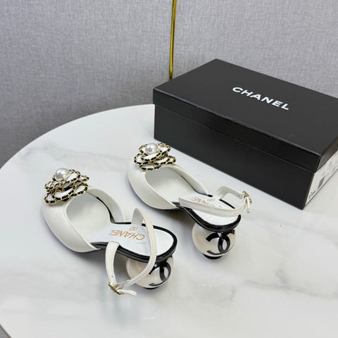 CHANEL 26S CAMELLIA PEARL SLINGBACKS IN WHITE CALFSKIN