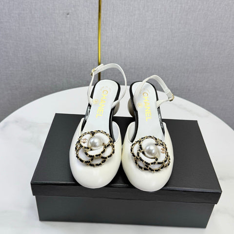 CHANEL 26S CAMELLIA PEARL SLINGBACKS IN WHITE CALFSKIN