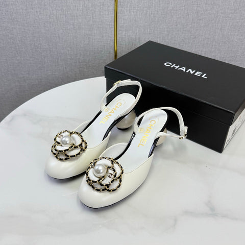 CHANEL 26S CAMELLIA PEARL SLINGBACKS IN WHITE CALFSKIN