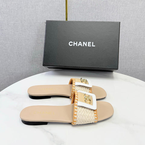 CHANEL 26S WOVEN STRAP SLIDES IN BEIGE AND ORANGE LAMBSKIN