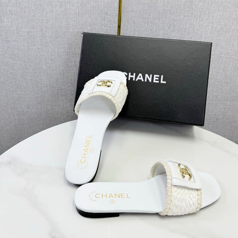 CHANEL 26S WOVEN STRAP SLIDES IN WHITE LAMBSKIN