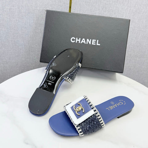 CHANEL 26S WOVEN STRAP SLIDES IN DARK BLUE LAMBSKIN