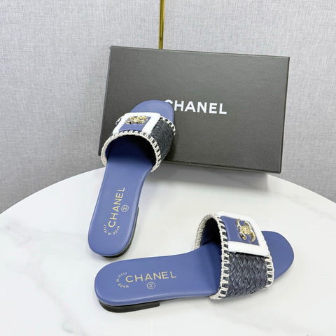 CHANEL 26S WOVEN STRAP SLIDES IN DARK BLUE LAMBSKIN