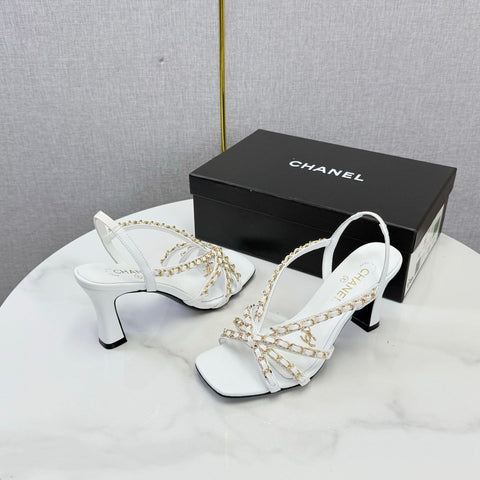 CHANEL 26S CHAIN STRAP HIGH HEELS 65 MM IN WHITE LAMBSKIN