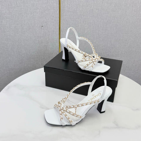 CHANEL 26S CHAIN STRAP HIGH HEELS 65 MM IN WHITE LAMBSKIN