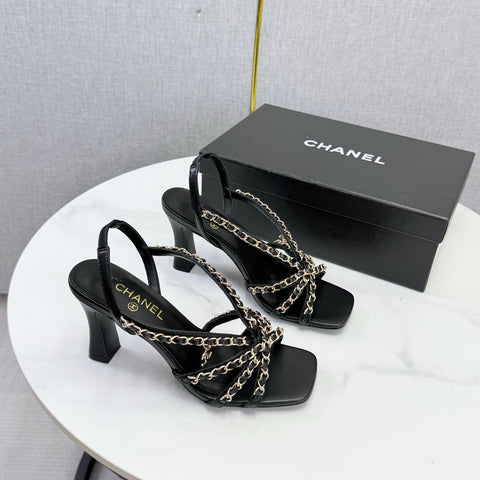 CHANEL 26S CHAIN STRAP HIGH HEELS 65 MM IN BLACK LAMBSKIN