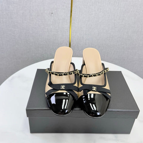 CHANEL 26S HIGH HEEL MULES 45 MM IN BEIGE AND BLACK LAMBSKIN