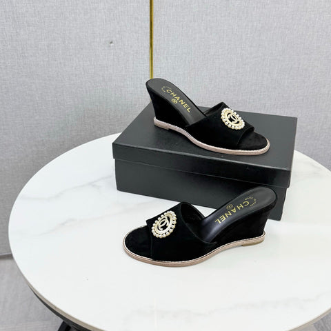 CHANEL 26S WEDGE HEELS IN BLACK SUEDE WITH CC PEARL EMBELLISHED