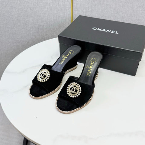 CHANEL 26S WEDGE HEELS IN BLACK SUEDE WITH CC PEARL EMBELLISHED