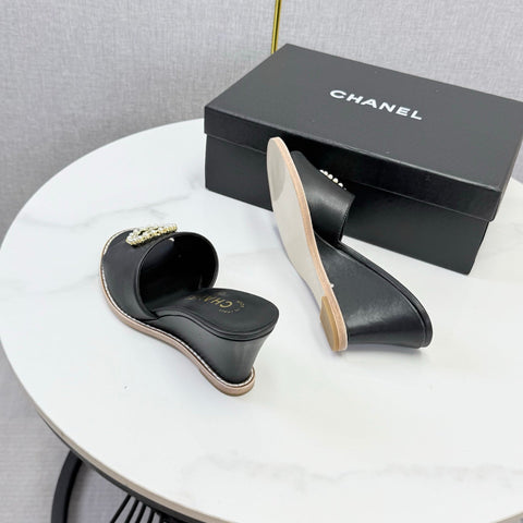 CHANEL 26S WEDGE HEELS IN BLACK LAMBSKIN WITH CC PEARL EMBELLISHED