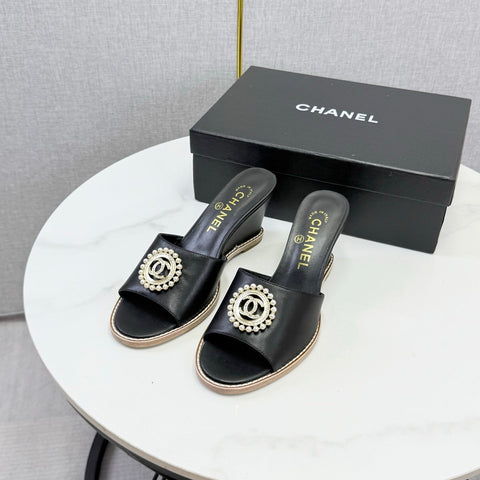 CHANEL 26S WEDGE HEELS IN BLACK LAMBSKIN WITH CC PEARL EMBELLISHED