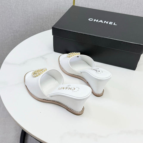CHANEL 26S WEDGE HEELS IN WHITE LAMBSKIN WITH CC PEARL EMBELLISHED