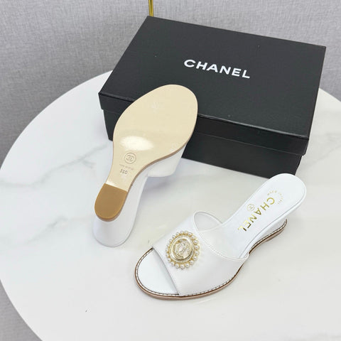 CHANEL 26S WEDGE HEELS IN WHITE LAMBSKIN WITH CC PEARL EMBELLISHED