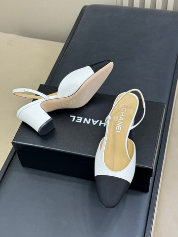 CC SLINGBACK 25S IN WHITE LAMBSKIN MIX BLACK FABRIC