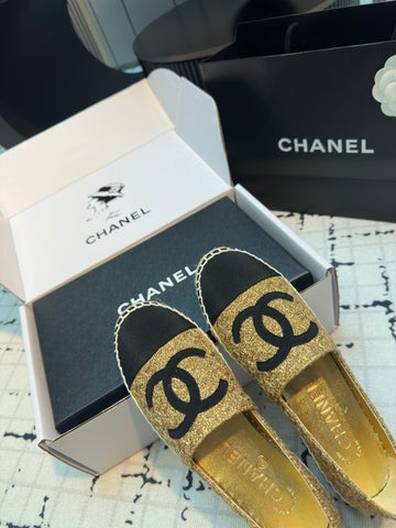 ESPADRILLES LOAFERS IN METALIC GOLD TWEED AND BLACK SATIN